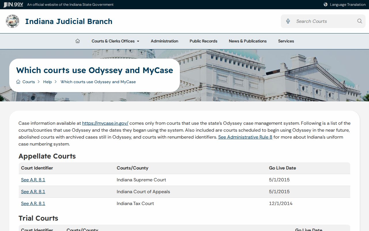 Indiana Odyssey list showing Parke Circuit Court code 61C01