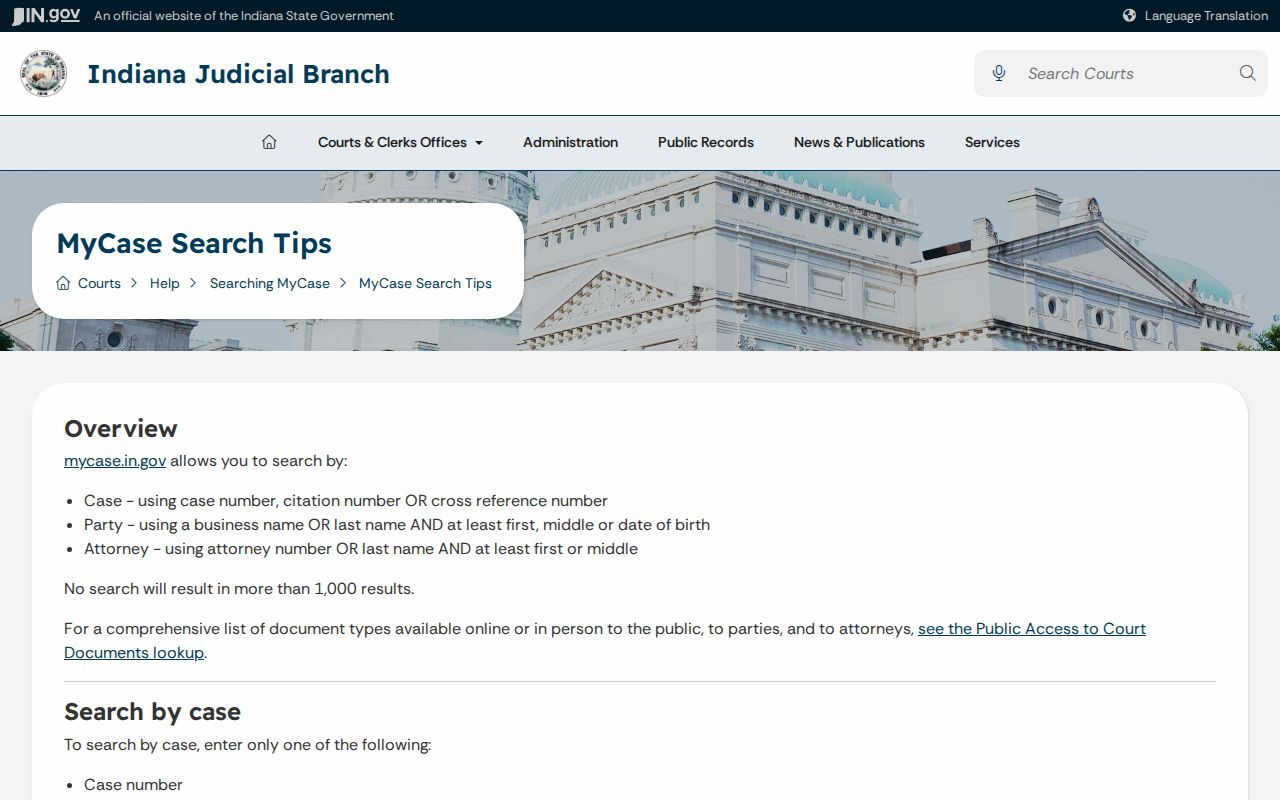 Official MyCase search field guidance used for Parke County criminal case research