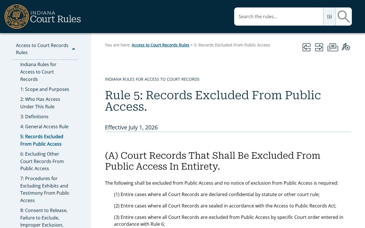 Indiana Rule 5 court record confidentiality categories relevant to Parke County warrants