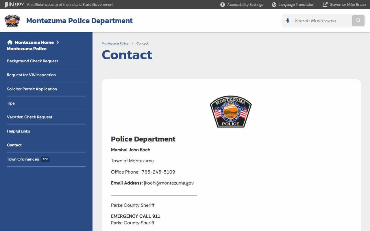 Official Montezuma Town Marshal contact for Parke County citation questions