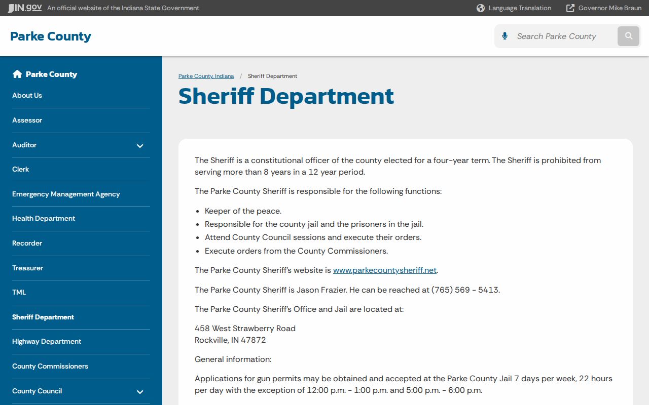 Official Parke County Sheriff Department role and contact information